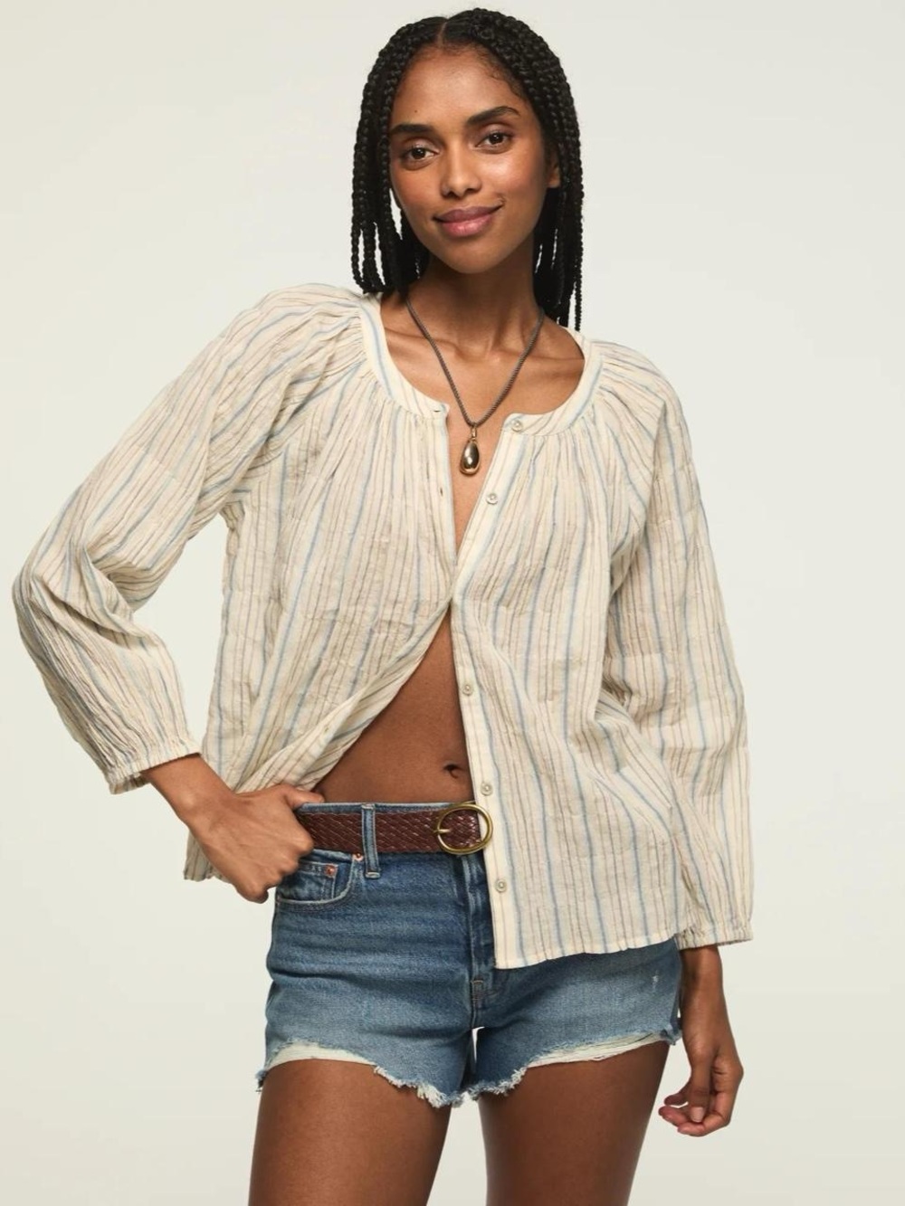 Lucky Brand blue & cream striped button-up blouse in size medium